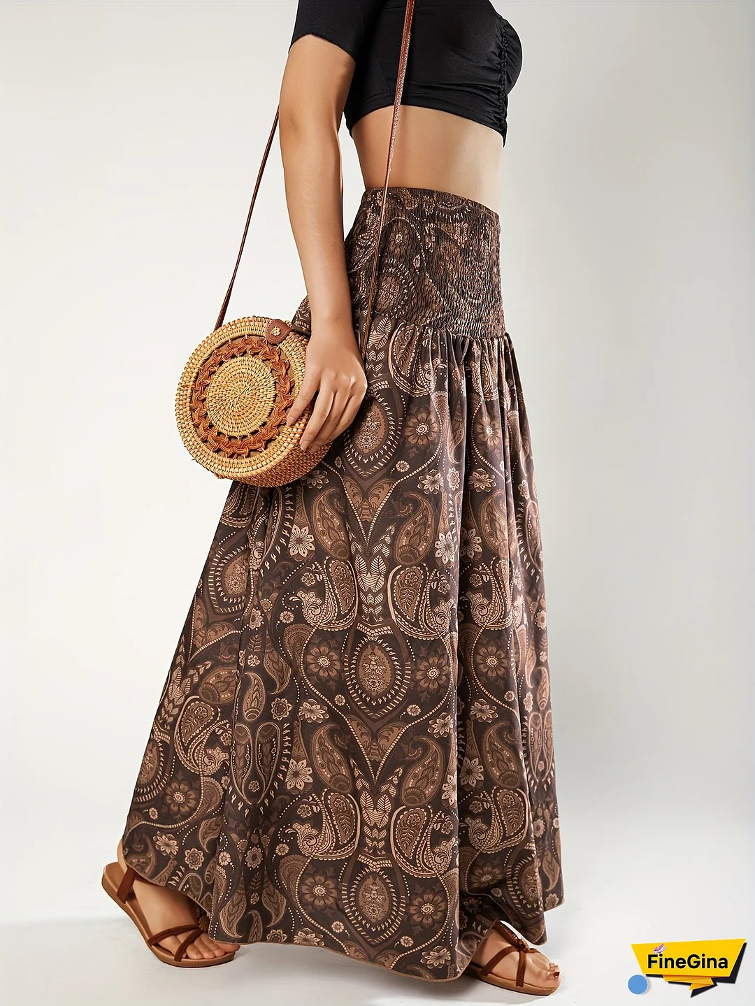 Women‘s Elegant Floral Print A-Line Maxi Skirt - High-Waisted, Flowing Design, Brown & Golden Patterns, Perfect for Vacation or Casual Outfits, Allseason Skirt | Aline Silhouette | Polyester Fabric