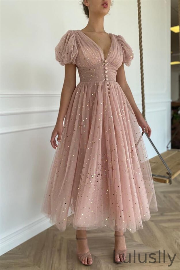 Luluslly Dusty Pink Short Sleeves Prom Dress Tulle V-Neck With Sequins Button