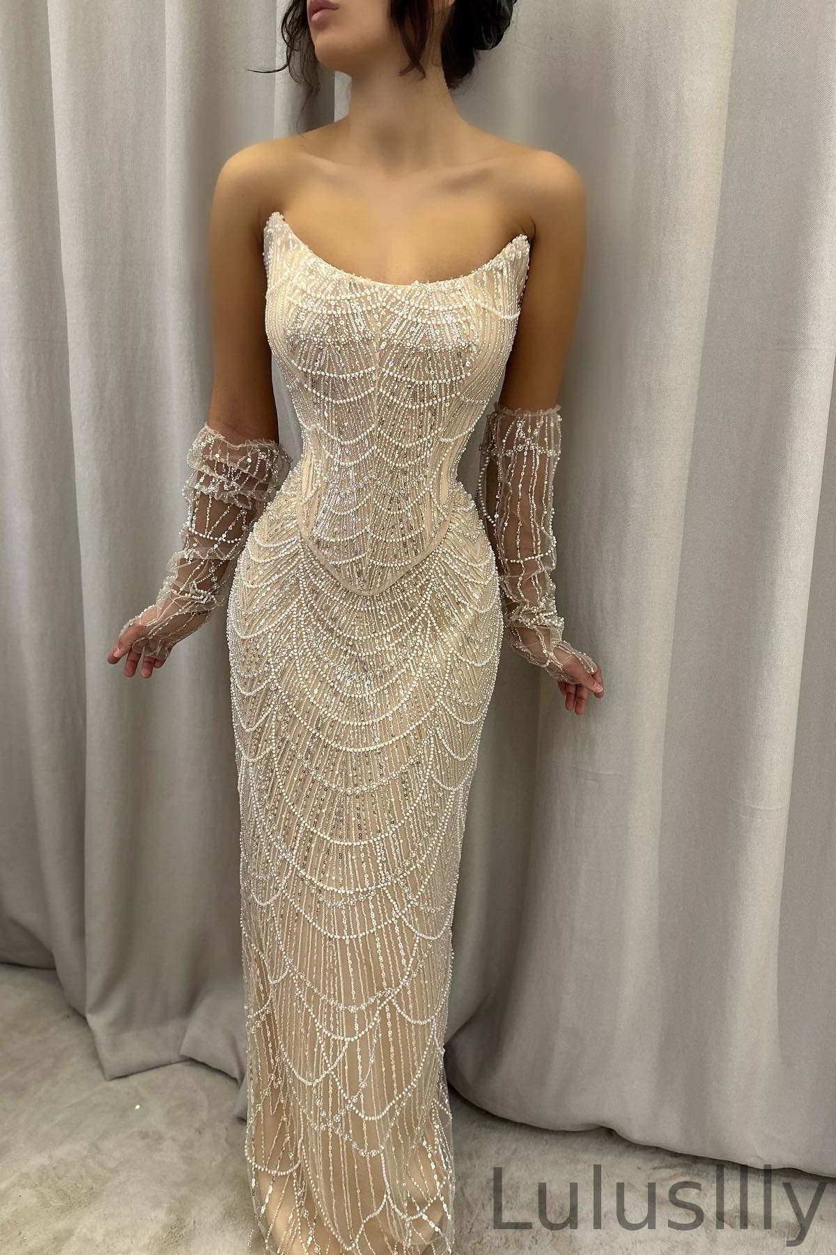 Modern Strapless Sequins Pearls Evening Dresses Mermaid Long On Sale - lulusllly