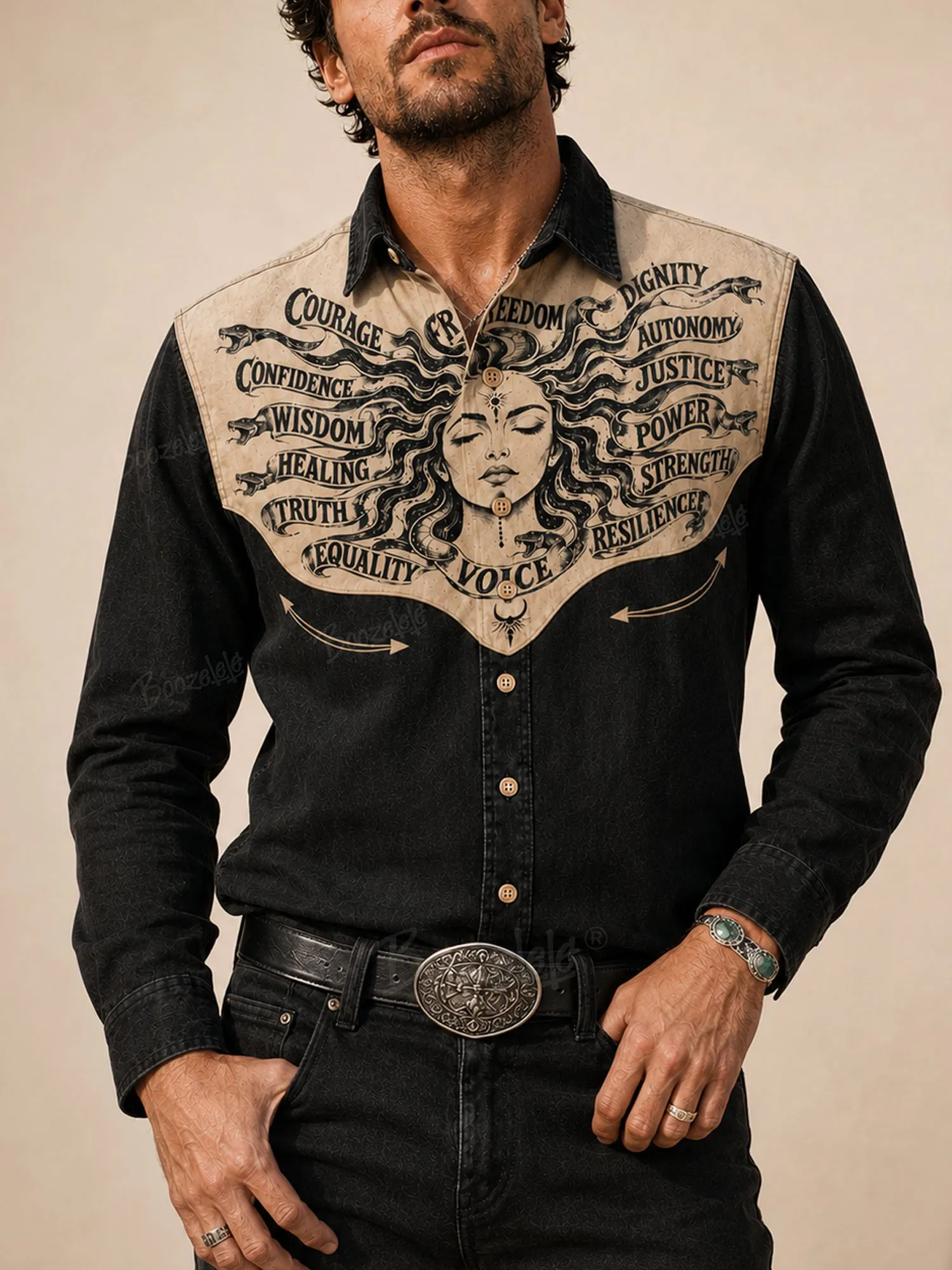 Artistic Pioneer, Distressed Black, Mythical Medusa Totem,2026 Spring Western Rock Long Sleeve Shirts-100% Cotton