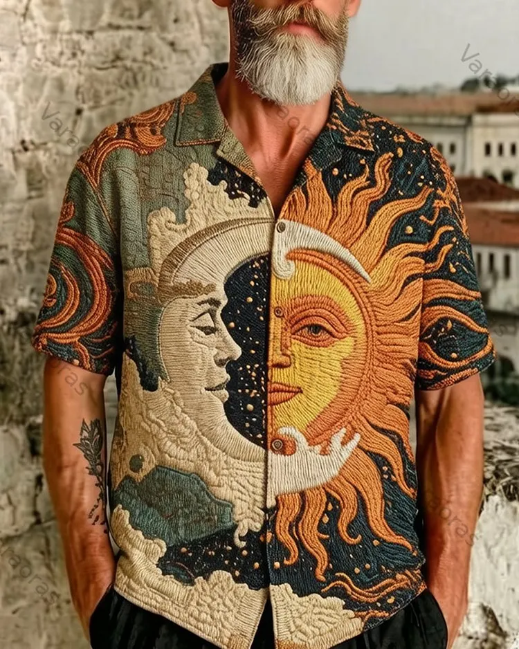 Men's Summer Star and Moon Print Embroidered Casual Linen Short-Sleeve Shirt 9192