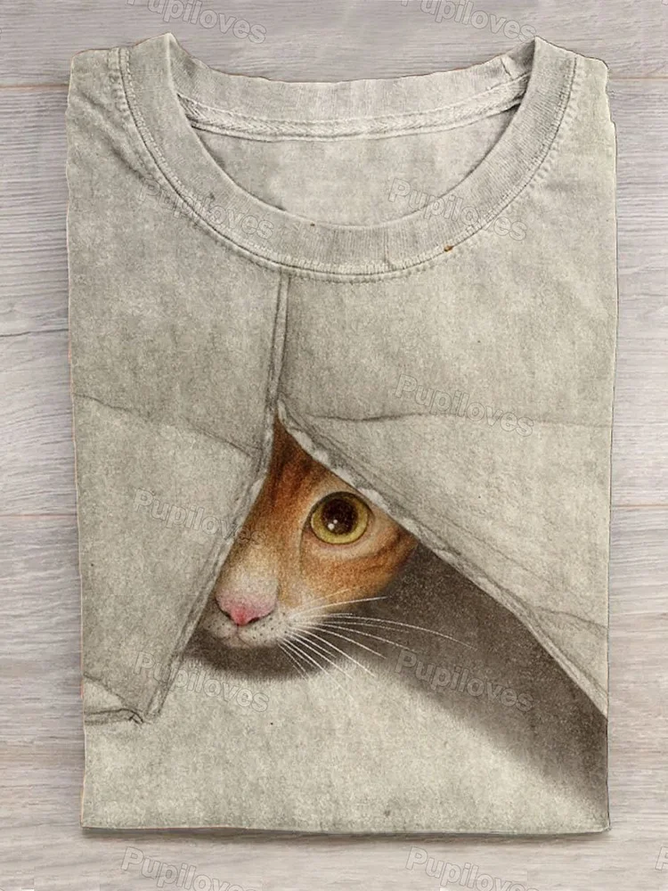 Pupiloves Pupiloves  Cat  Print T-Shirt
