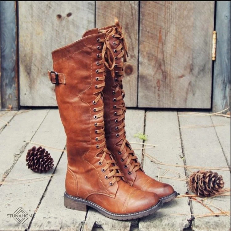 Sale|Brown	UK7 |Women's Lace Up Low Heel Rider High Boots  Stunahome.com