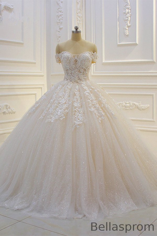 Bellasprom Off-the-Shoulder Sweetheart Ball Gown Sequined Wedding Gown With Lace Appliques Bellasprom