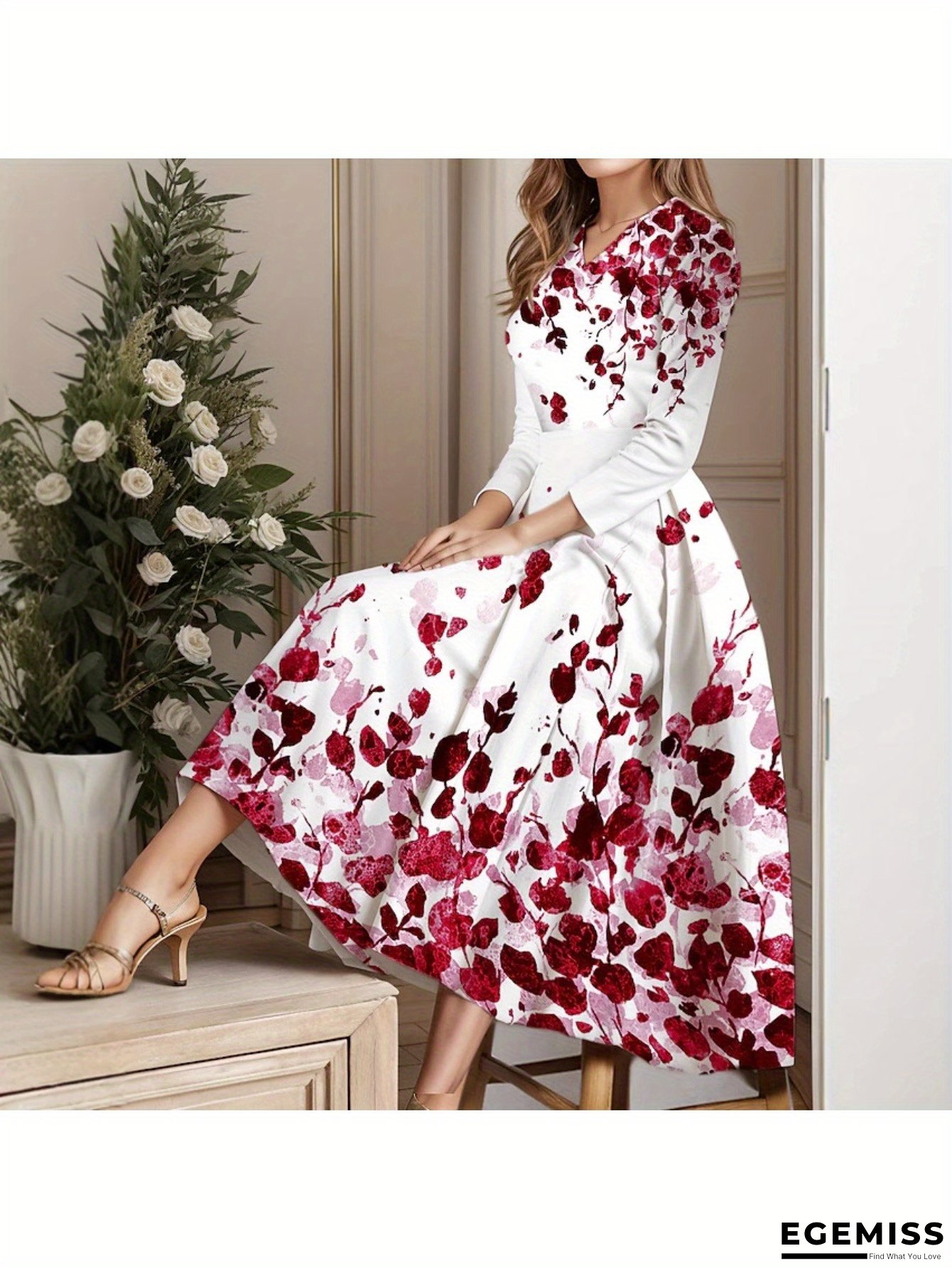 Women's Elegant V-Neck Long Sleeve Floral Print Dress - Casual To Formal Flared Skirt, All-Season Versatile Solid Color, Versatile Fashion, Nontransparent Fabric | EGEMISS
