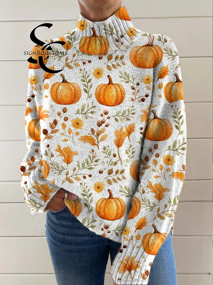 Women's Retro Halloween Autumn Pumpkin Print Knit Turtleneck Pullover Sweater