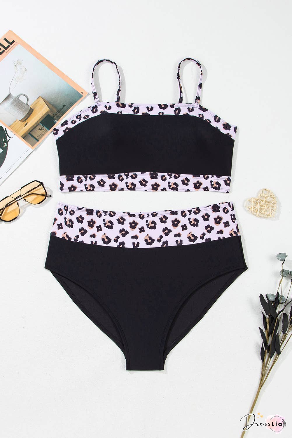 Plus Size 2pcs Leopard Patchwork High Waisted Swimsuit