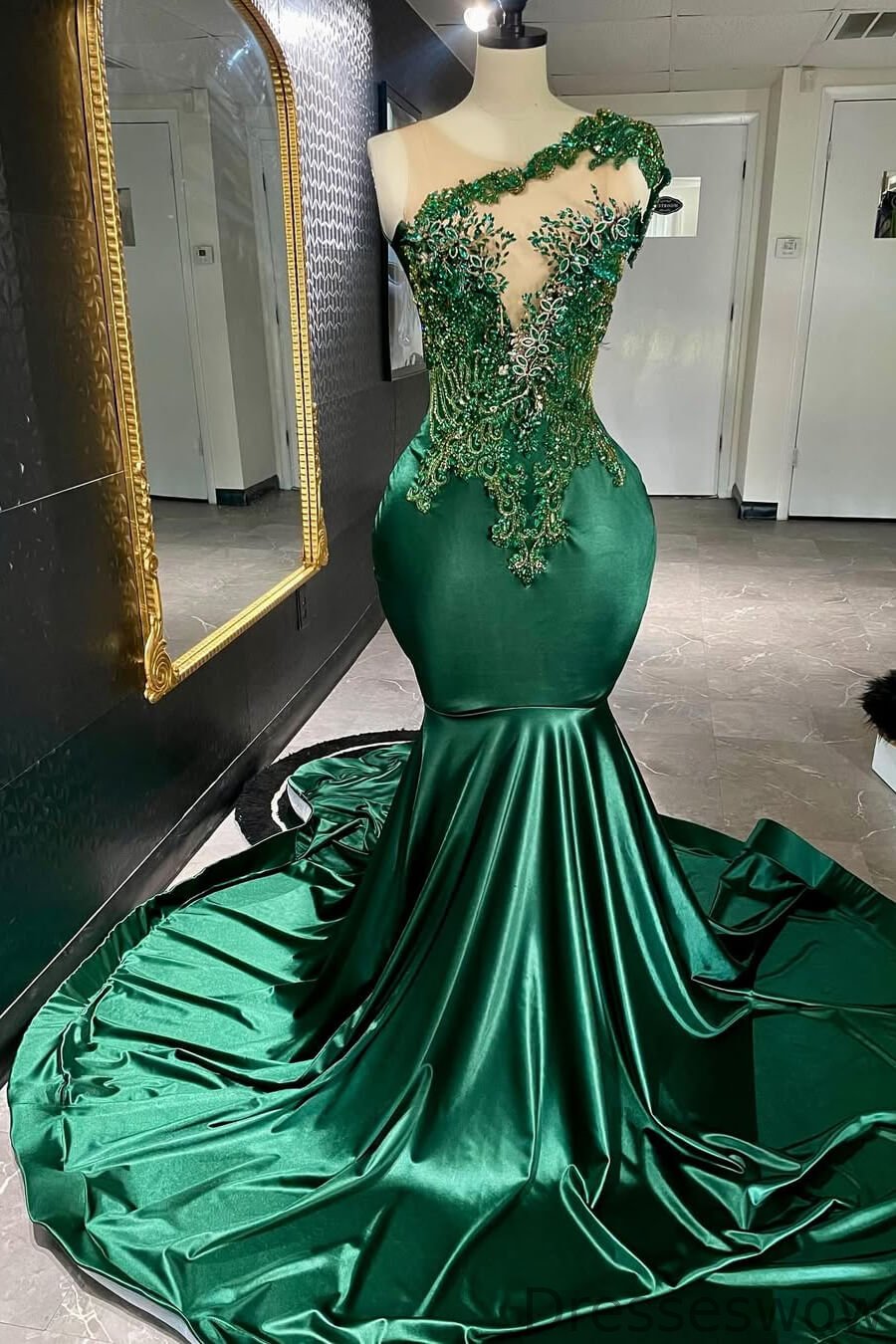Dresseswow Emerald Green Sleeveless Mermaid Prom Dress Long With Beadings Online
