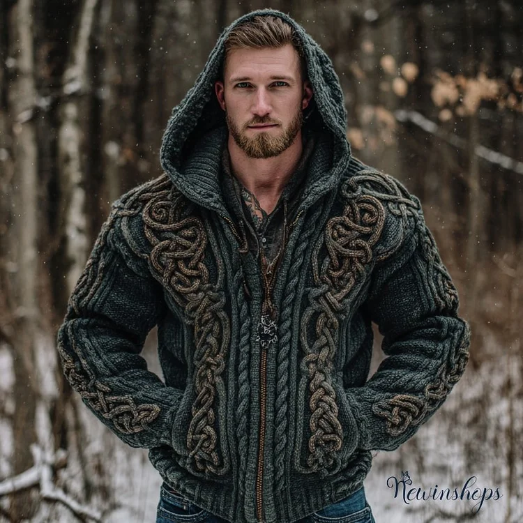 Men's Vintage Viking Celtic Knot Art Chunky Knit Hooded Zip-up Sweater