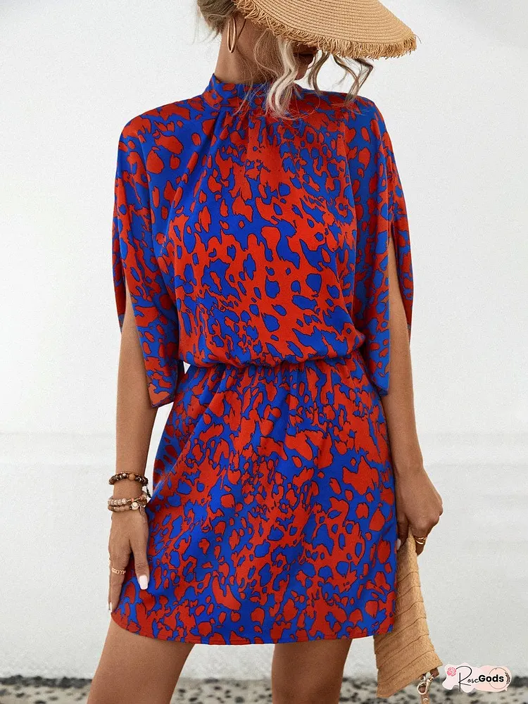 Tied Printed Mock Neck Mini Dress