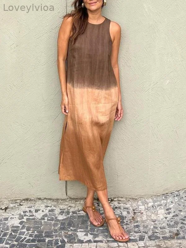 Women's casual cotton and linen sleeveless slit gradient tie-dye long dress