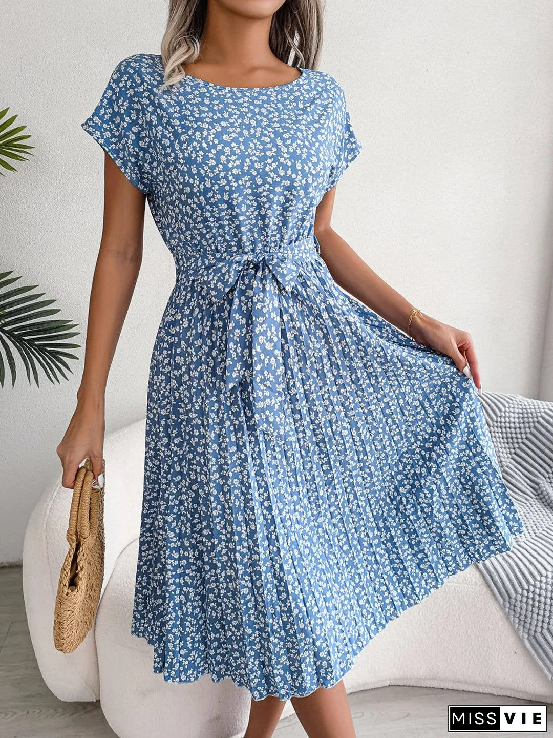 Ditsy Floral Pleated Belted Dress