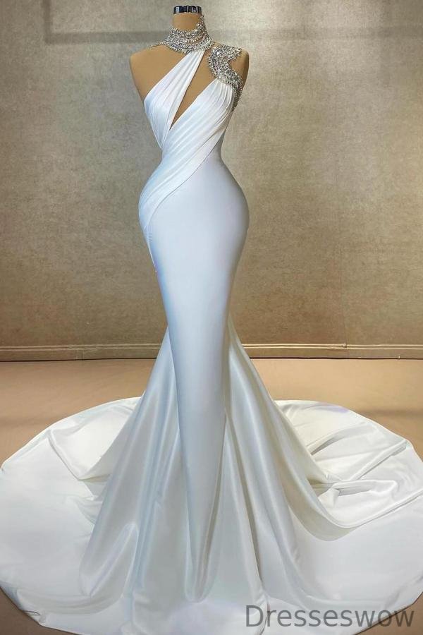 Dresseswow White High Neck Sleeveless Mermaid Ball Dress With Beadings Online