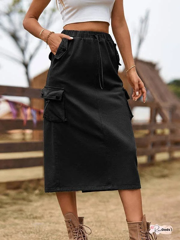 A-Line Buttoned Drawstring Pockets Solid Color Split-Joint Skirts Bottoms