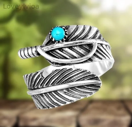 🎁Boho Feather Turquoise Adjustable Ring
