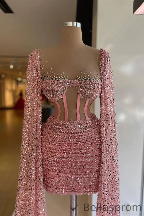 Bellasprom Pink V-Neck Long Sleeves Short Prom Dress With Sequins Beads Bellasprom