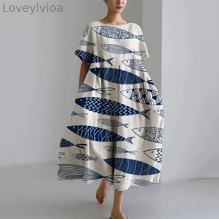 Japanese Art Fish Print Loose Short Sleeved Midi Dress