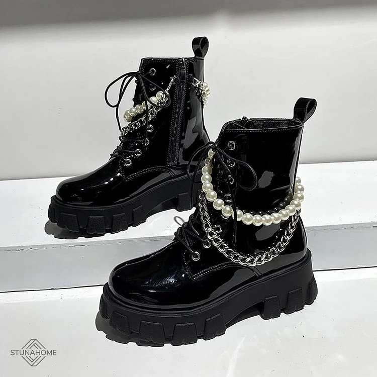 Black Patent Leather Lug Sole Combat Boots Platform Ankle Booties shopify Stunahome.com