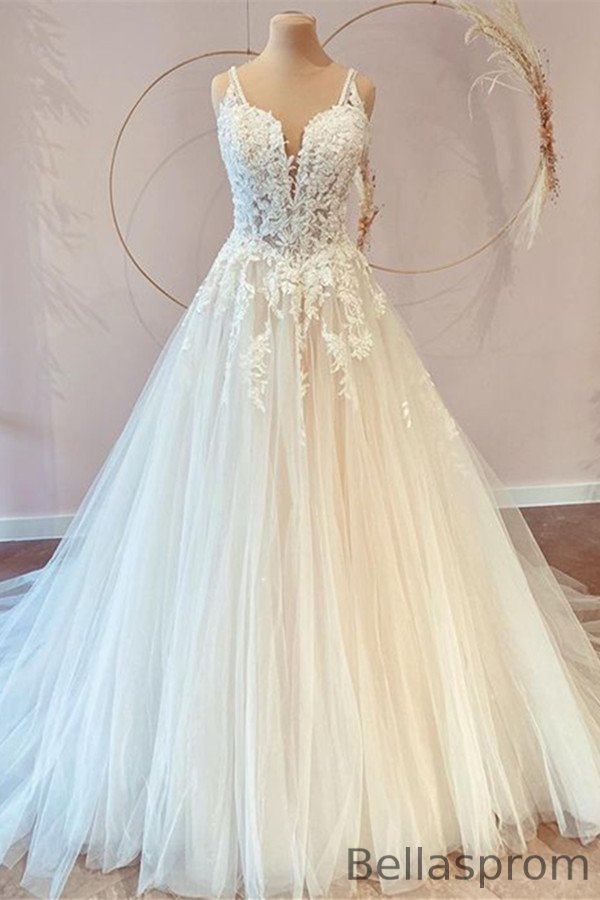 Bellasprom Classic Long Wedding Dress With Tulle Appliques Lace Sweetheart Bellasprom