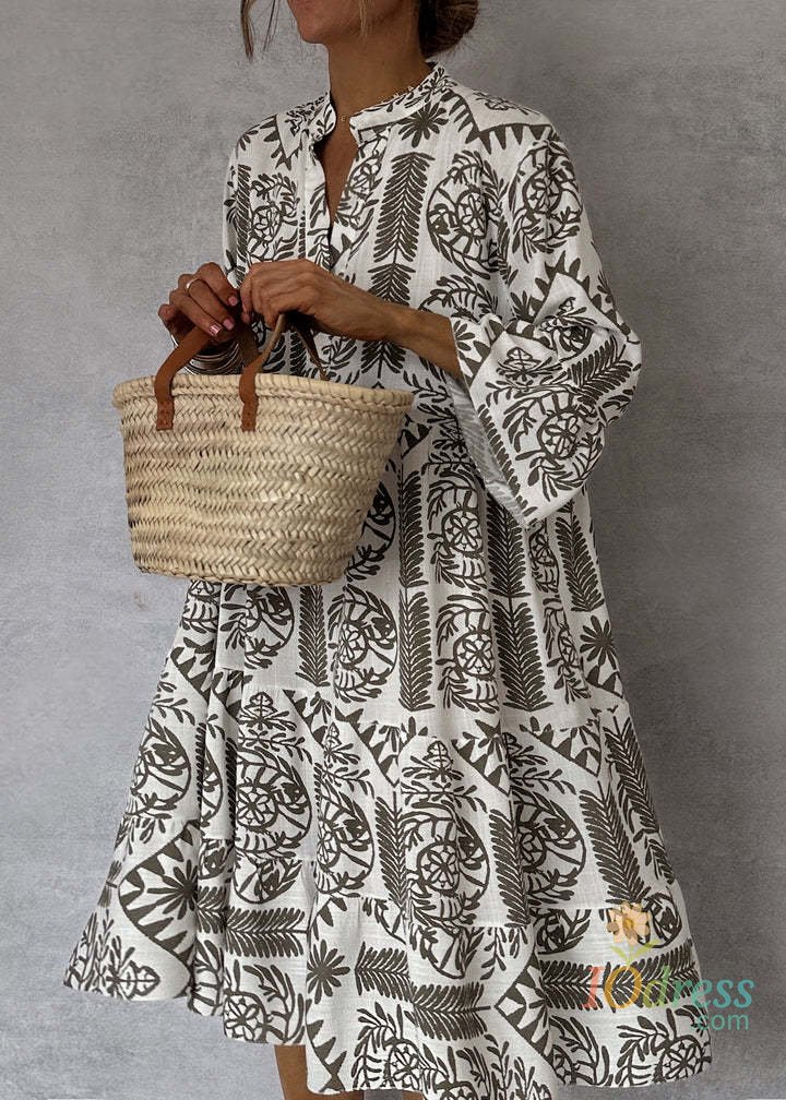 IO Dress Casual Bohemian Style Print Midi Dresses Women Fashion V-neck 3/4 Sleeve Loose Shirt Dress Summer Female Beach Dress Vestidos IO Dress