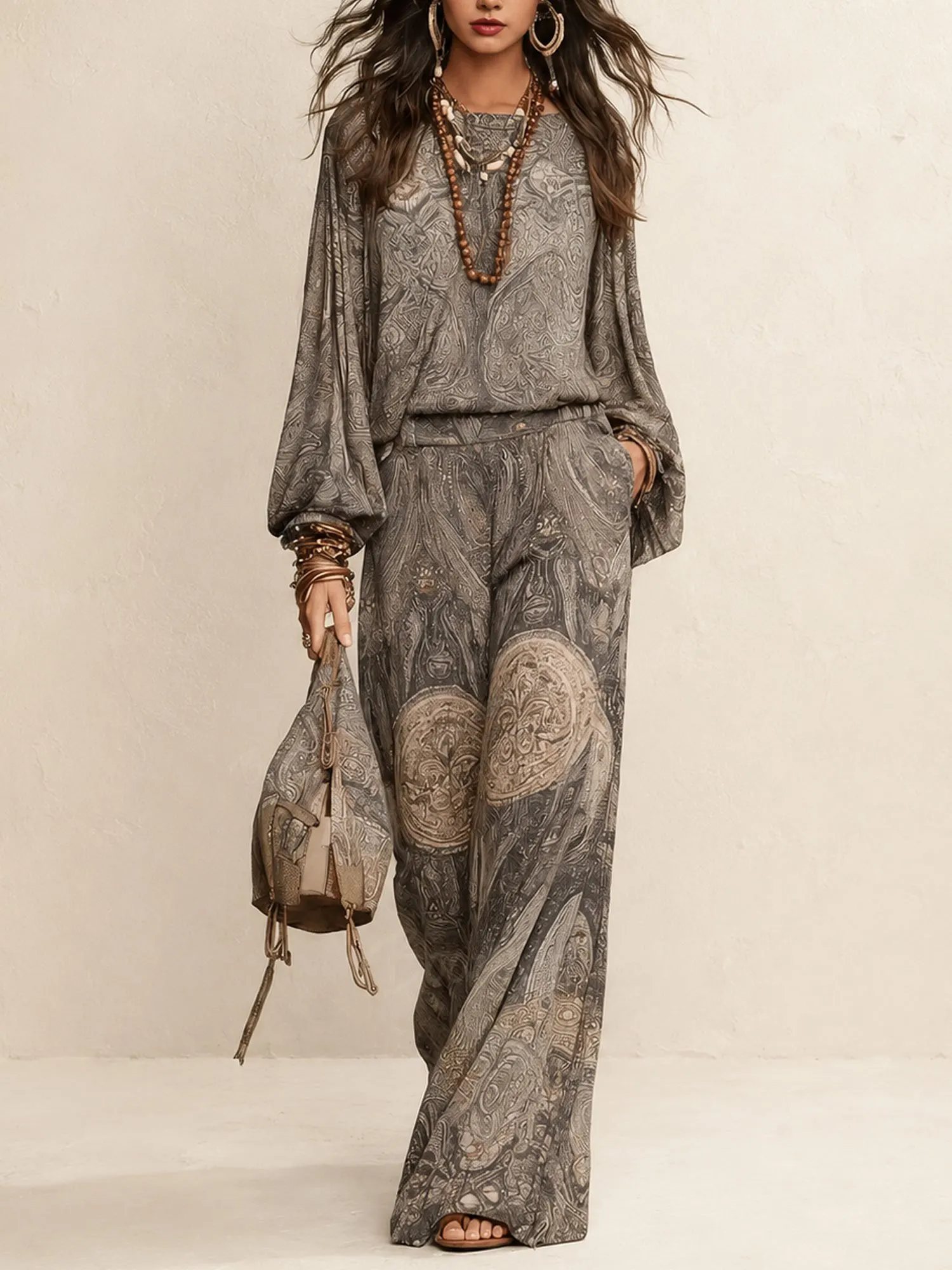 Perfect for a Country Music Festival &mdash; 2026 Fall Women&rsquo;s Grey Paisley Print Long Sleeve Blouse and Wide-Leg Pants Set