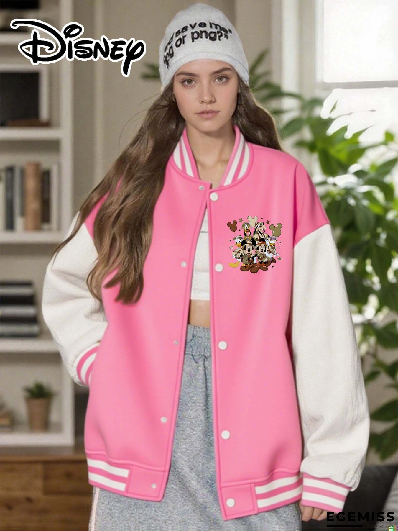 Women&lsquo;s Cozy Fleece Jacket with Mickey Family Jungle Adventure Cartoon Print - Black & White Zip-Up Casual Outerwear, Long Sleeves, Round Neck, Perfect for Fall/Winter Outings, Cute Jacket | EGEMISS