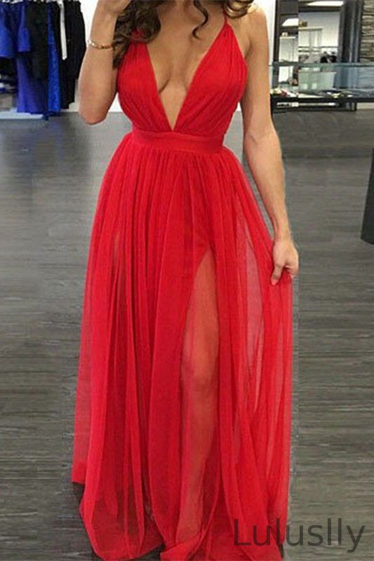 Luluslly Red Deep V-Neck Long Prom Dress Tulle With Slit