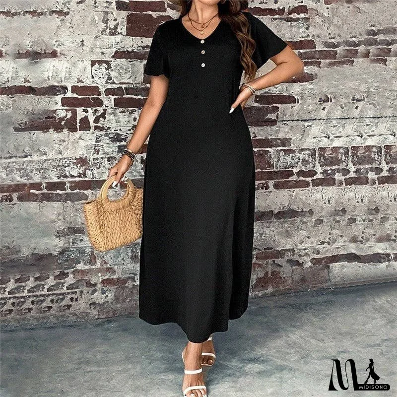 Casual Round Neck Short Sleeve Loose Fit Maxi Dress
