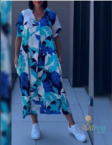 IO Dress Summer Printed Contrasting Color V-neck Short Sleeved Loose Dress For Women 2025 Casual Style Women's Printed Dress