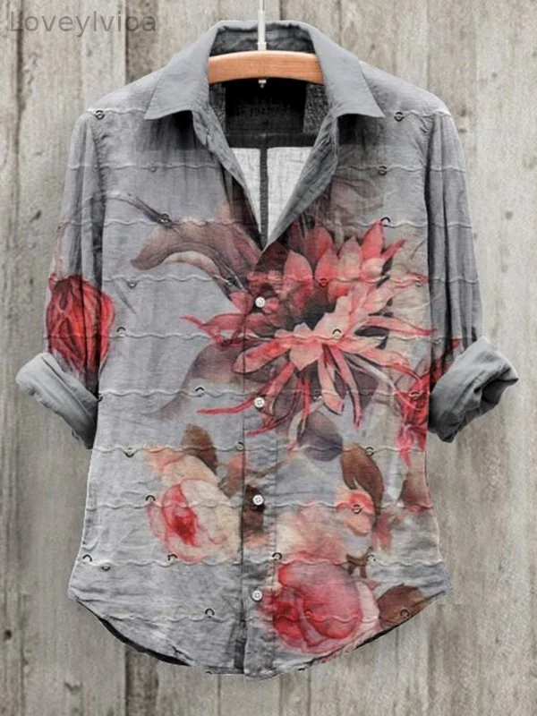 Women's Textured Devil Floral Art Print Long Sleeve Cotton And Linen Shirt