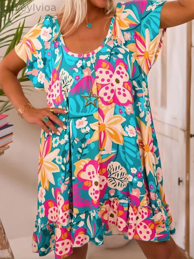 Women's V-Neck Short-Sleeved Holiday Loose Floral Dress