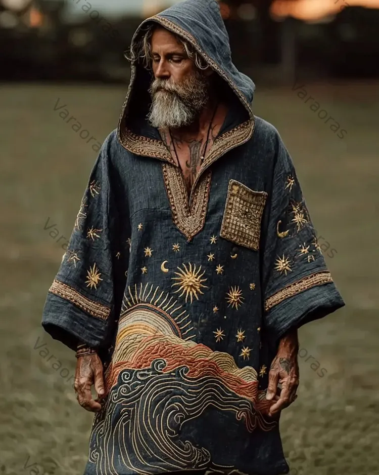Men's Summer Star and Moon Embroidered Linen Hooded Kaftan 4114