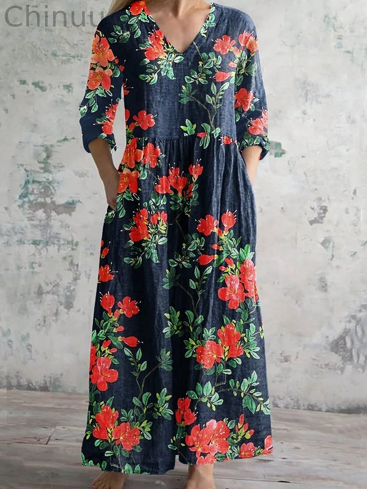 Women's Vintage Floral Print Casual Cotton Dress