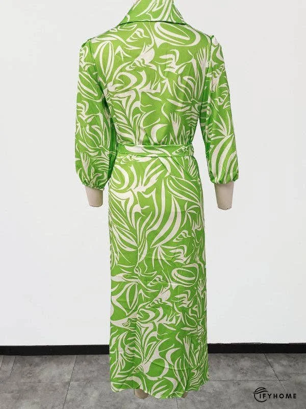 A-Line High Waisted Elasticity Printed Tied Waist Lapel Midi Dresses Shirt Dress | IFYHOME