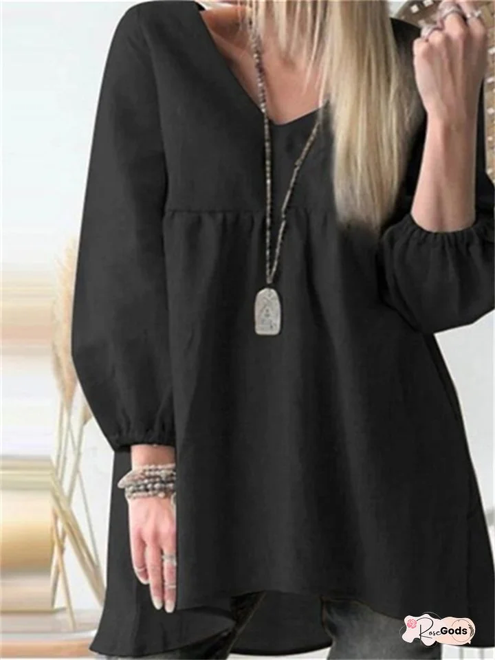 Europe and The United States New Solid Color V-neck Large Size Women's Casual Cotton Linen Fashion Irregular Dresses