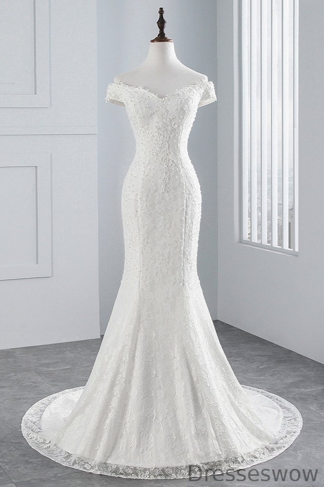 Dresseswow Off-the-Shoulder Long Long Mermaid Wedding Dresses With Lace
