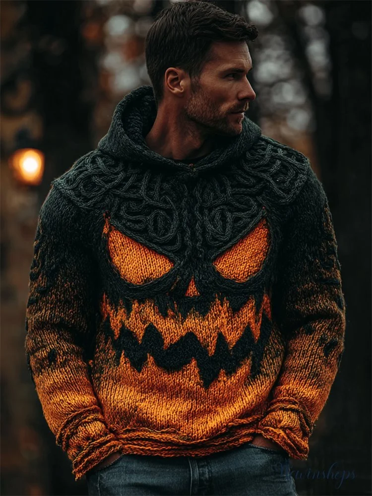Men's Halloween Pumpkin Celtic Gradient Cozy Chunky Hooded Sweater