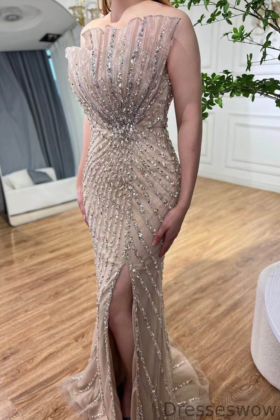 Dresseswow Strapless Beadings Evening Party Dresses Long Mermaid With SPlit