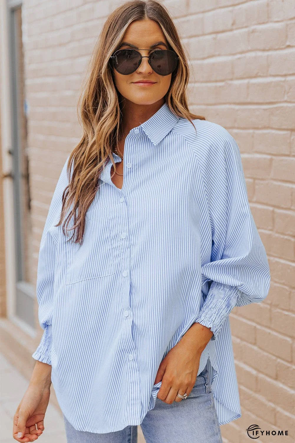 Striped Lantern Sleeve Collared Shirt | IFYHOME