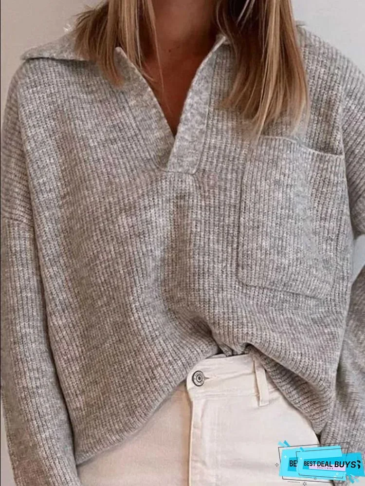 Plus Size, Women's Oversized V-Neck Sweater Jacket-like Blazer Look - Large Size Casual Winter Warm Lapel Collar, Chest Pocket, Wrinkle-Resistant (Machine Washable) Solid Color Fall/Winter Outerwear, Versatile for Jeans or Dresses