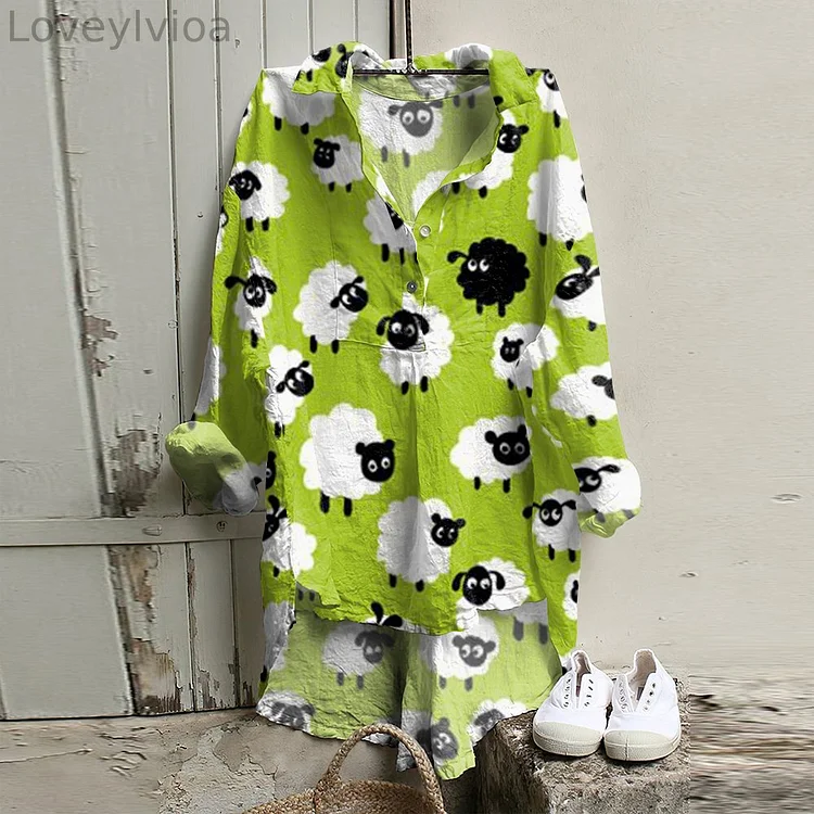 Sheep Print Lapel Casual Shirt