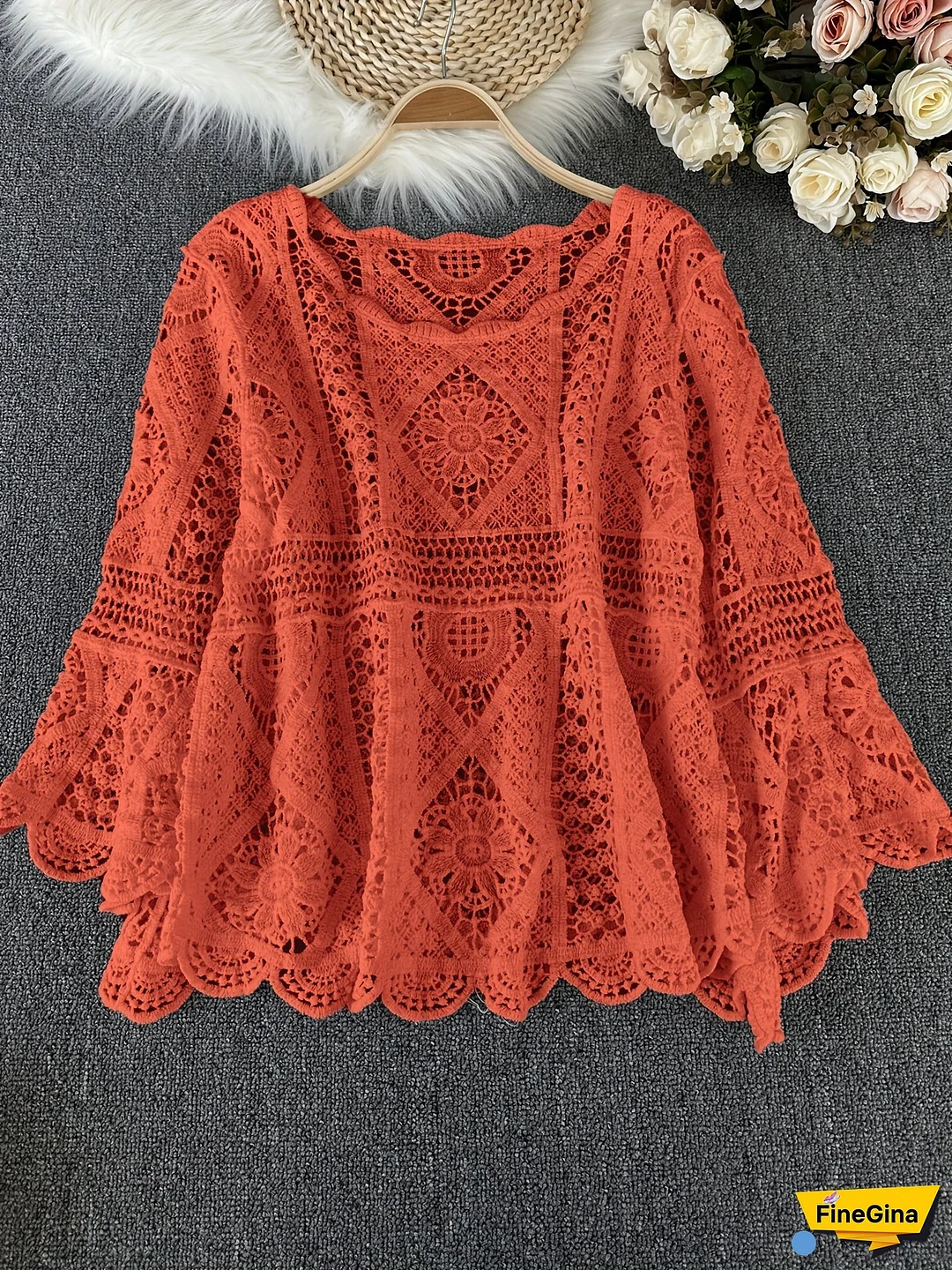 Women‘s Lightweight Crochet Cardigan - Vibrant Orange Open Front Long Sleeve Top with Butterfly Sleeves, Breathable Summer Beach Cover-Up for Casual Outings, Beach Coverup, Spring Fashion, Nonstretch Fabric