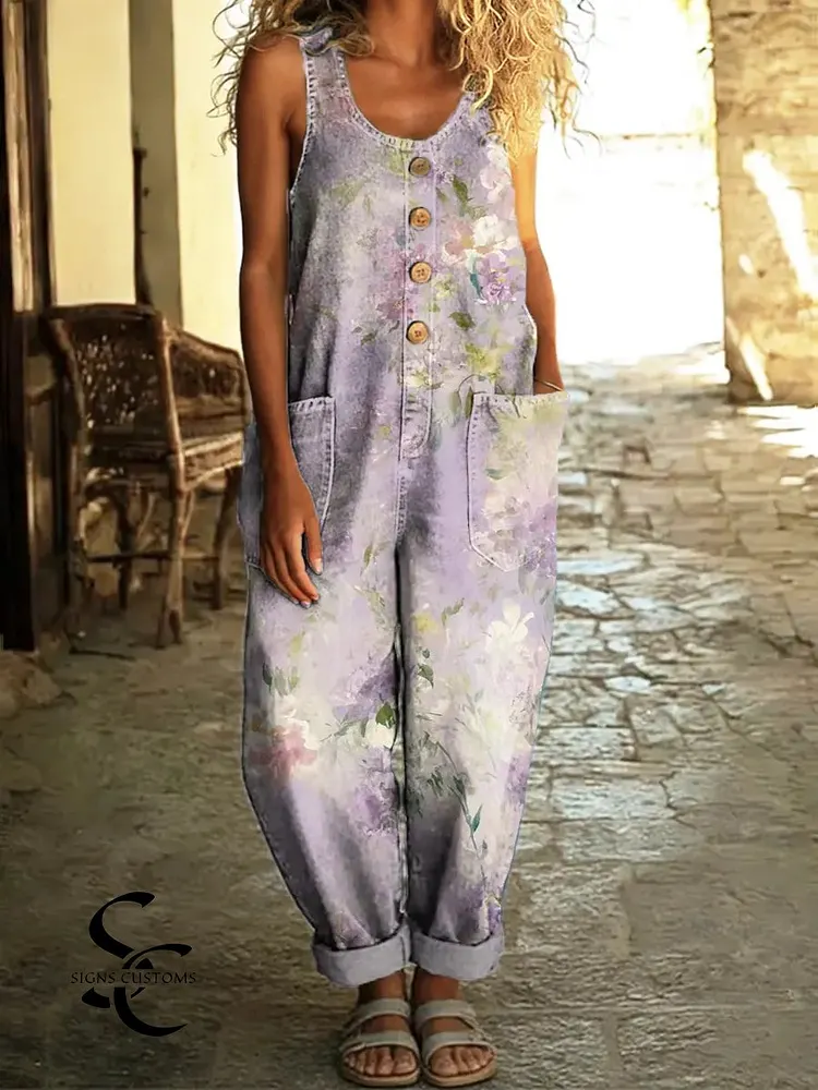 Women's Vintage Floral Pattern Art Print Casual Cotton Denim Jumpsuit