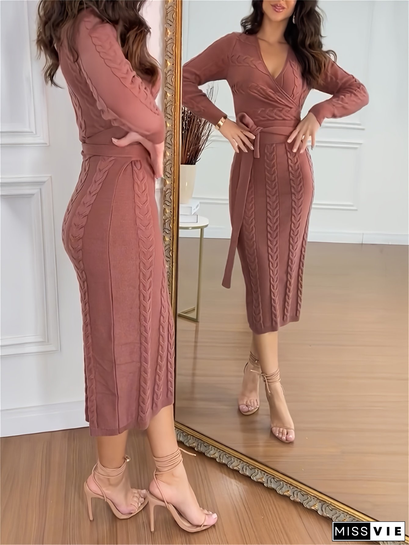 Cable Textured Overlap Deep V-Neck Long Sleeve Mid-Length Dress Tie Waist Slim Fit Dress