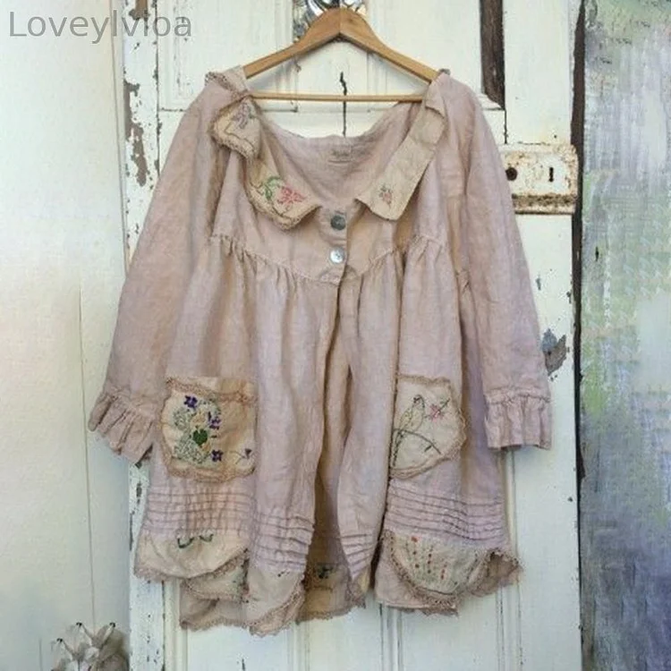 Vintage Lotus Edged Flowers Linen Cotton Comfy Shirt