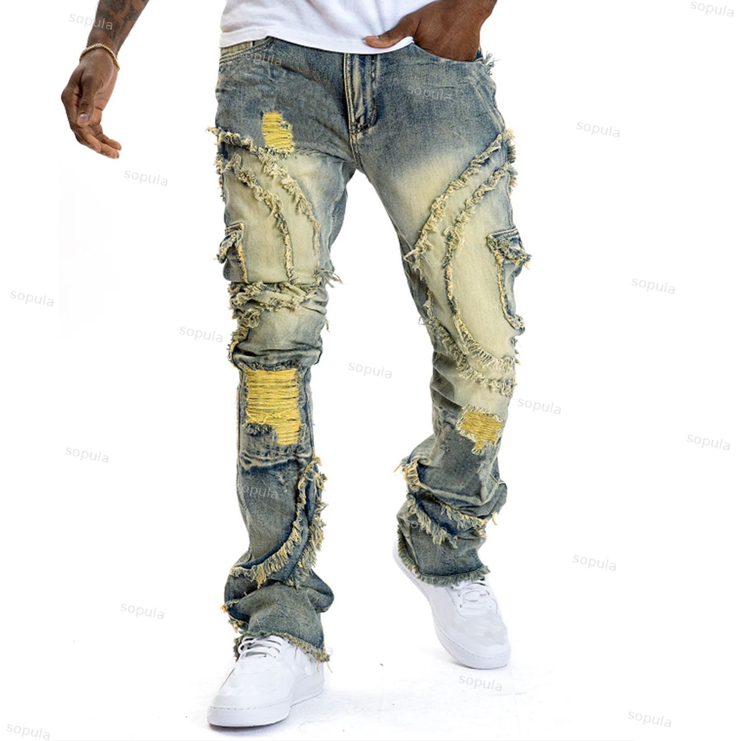 Men's Ripped Flared Fringe Stretch Jeans