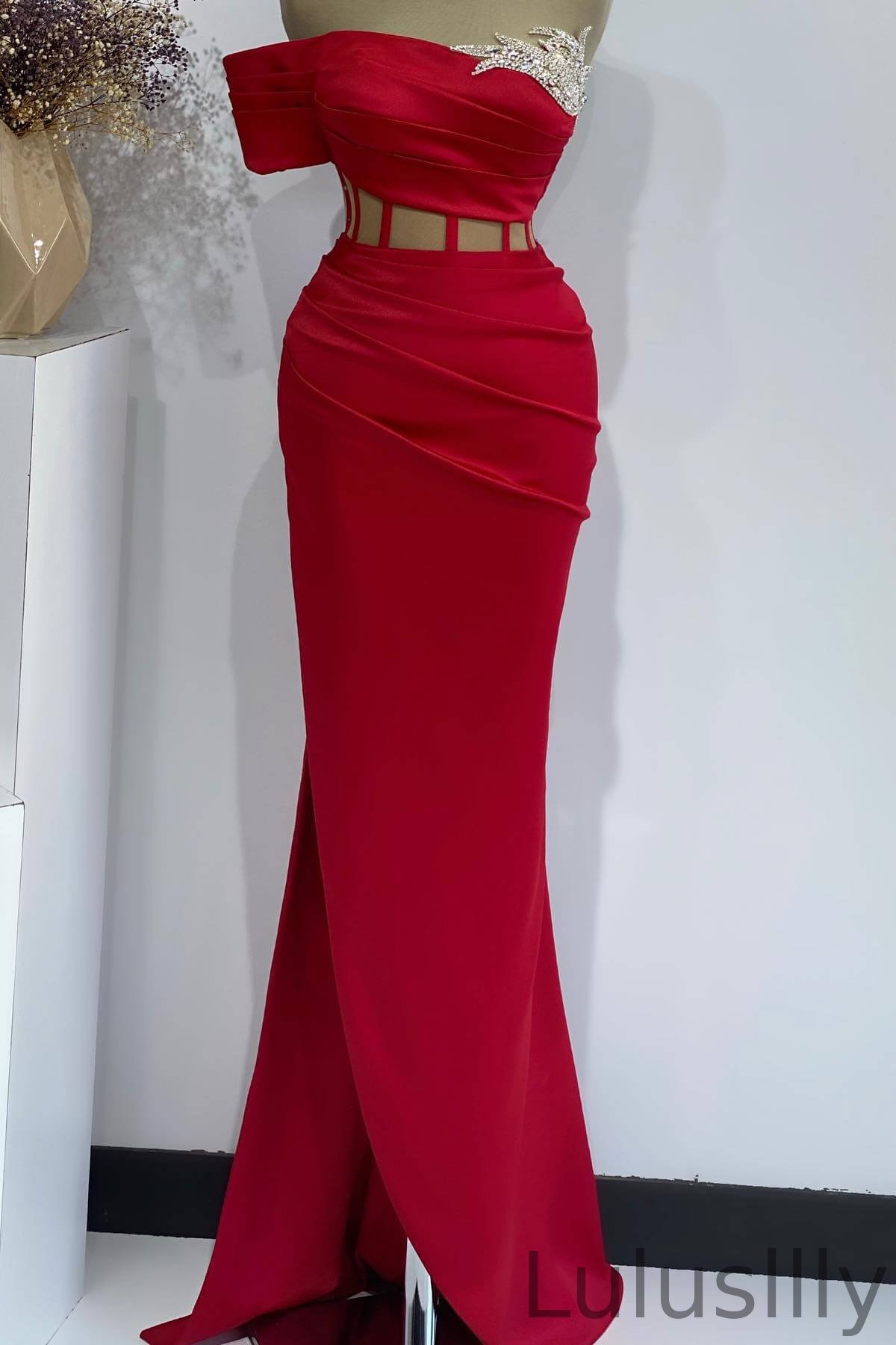 Chic Red One Shoulder Sleeveless Mermaid Evening Gown With Split Beadings - lulusllly
