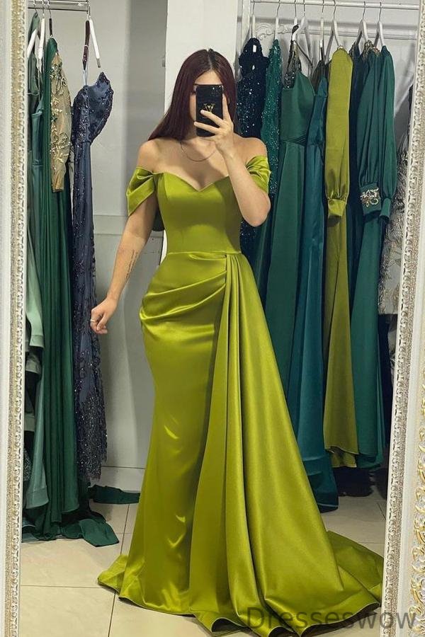 Dresseswow Off-the-Shoulder Olive Green Prom Dress Mermaid Long With Ruffle