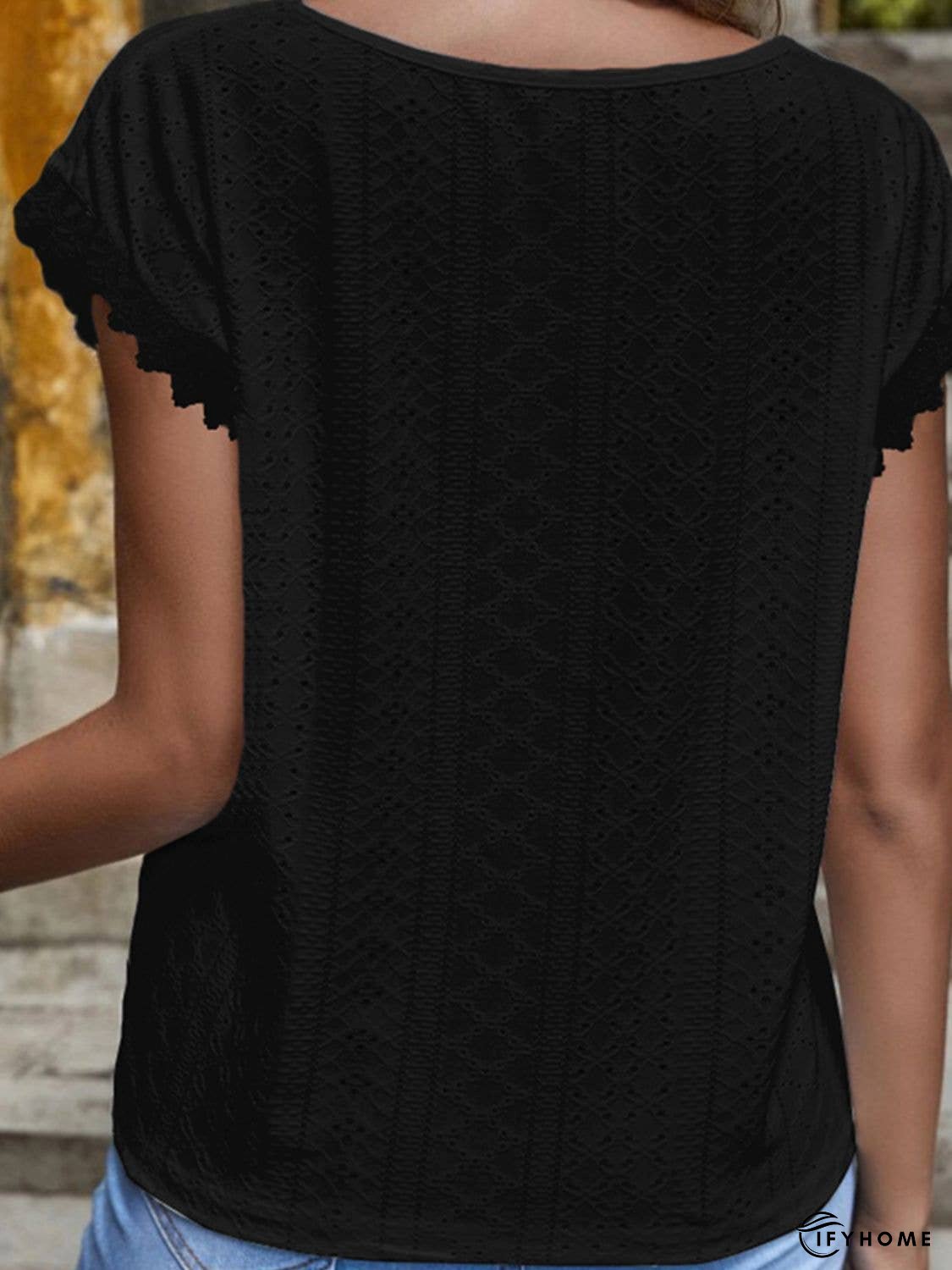 V-Neck Eyelet Short Sleeve Top | IFYHOME