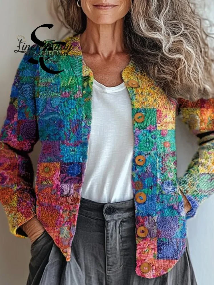 Vibrant Floral Patchwork Pattern Printed Buttoned Cardigan Sweater